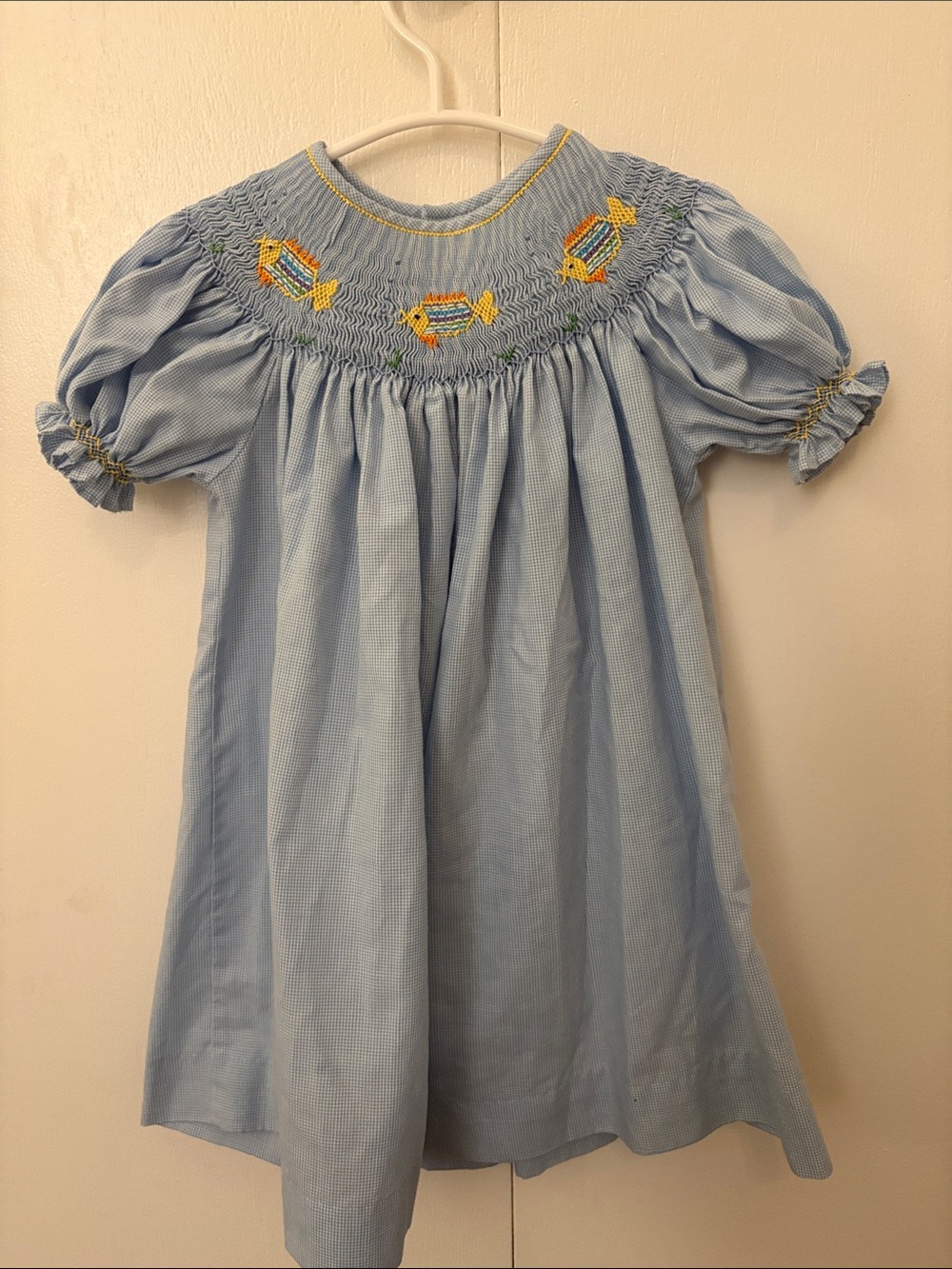 Light Blue Smocked Girls Dress with Yellow Fish Embroidery